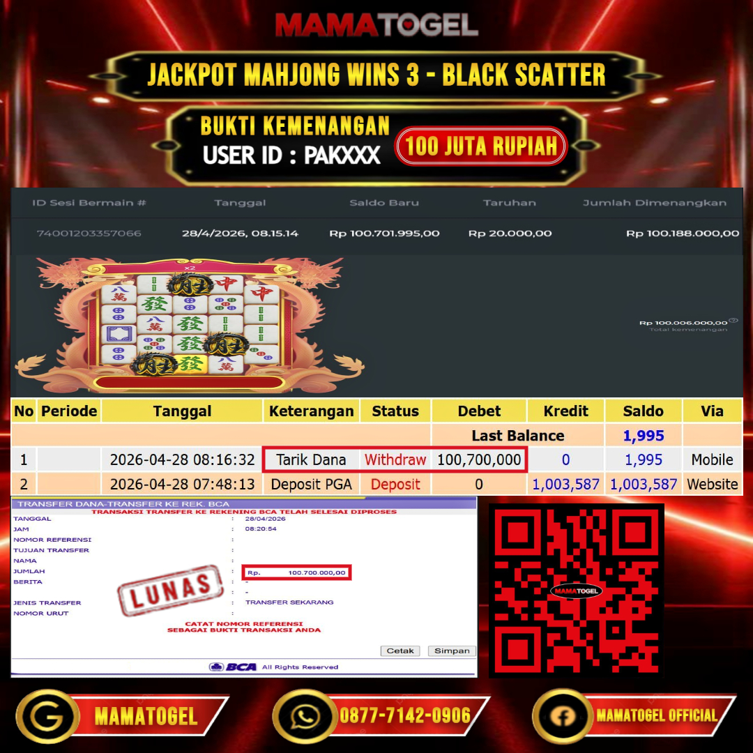 MAMATOGEL JACKPOT SLOT MAHJONG WINS 3 - BLACK SCATTER Rp.100.000.000,- LUNAS USER ID : PAK***