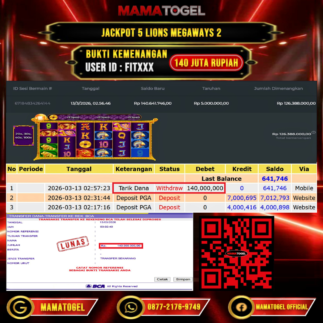 MAMATOGEL  JACKPOT SLOT 5 LIONS MEGAWAYS 2 Rp.140.000.000,- LUNAS USER ID   : FIT***