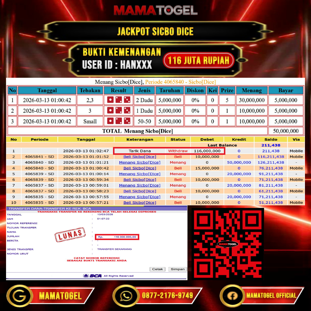 MAMATOGEL  JACKPOT LIVE GAME SICBO DICE Rp.116.000.000,- LUNAS USER ID   : HAN***