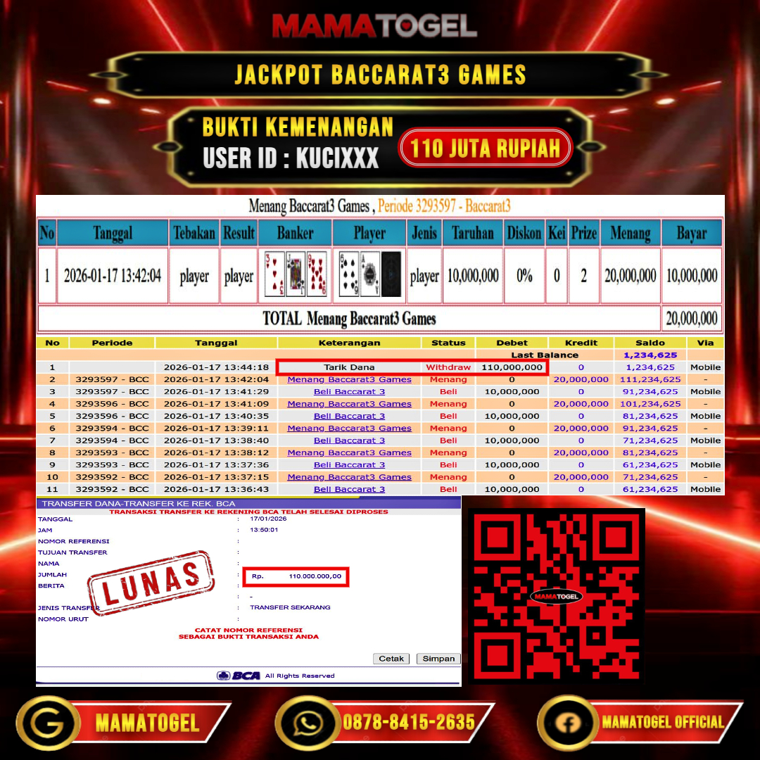 MAMATOGEL  JACKPOT LIVE GAME BACCARAT3 GAMES Rp.110.000.000,- LUNAS USER ID  : KUCI**