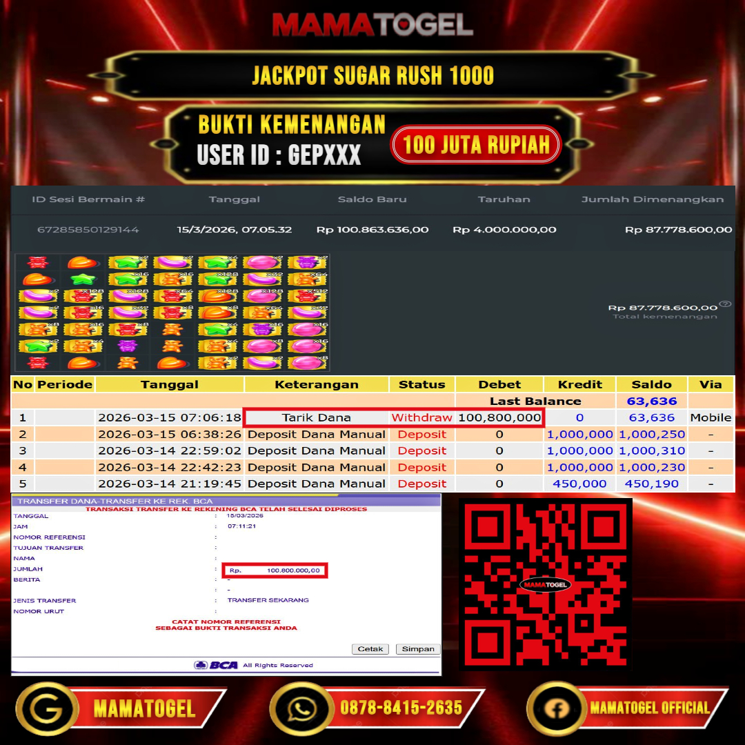 MAMATOGEL  JACKPOT SLOT SUGAR RUSH 1000 Rp.100.000.000,- LUNAS USER ID   : GEP***