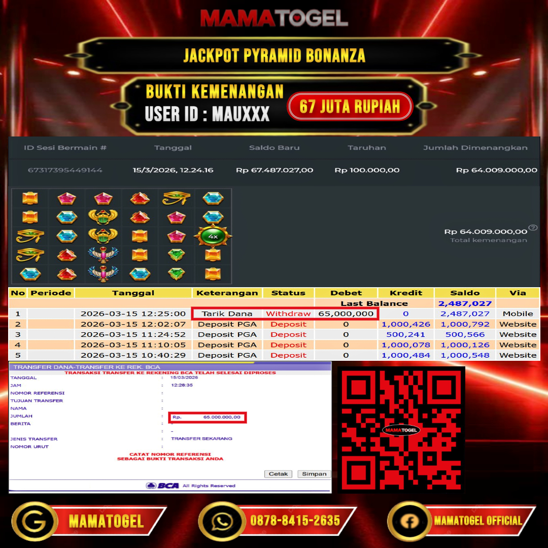 MAMATOGEL  JACKPOT SLOT PYRAMID BONANZA Rp.67.000.000,- LUNAS USER ID   : MAU***