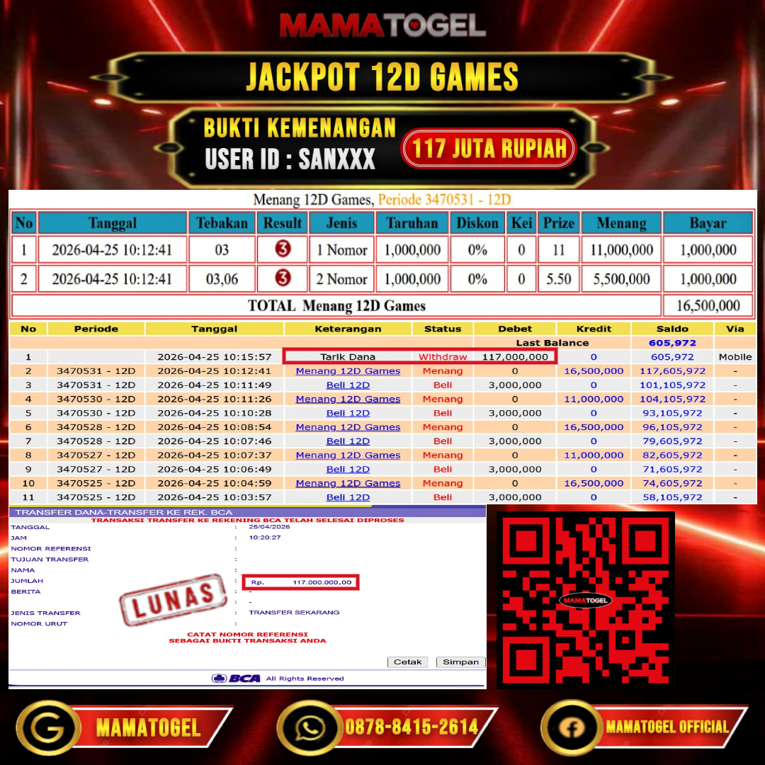 MAMATOGEL JACKPOT LIVE GAME 12D GAMES Rp.117.000.000,- LUNAS USER ID : SAN***