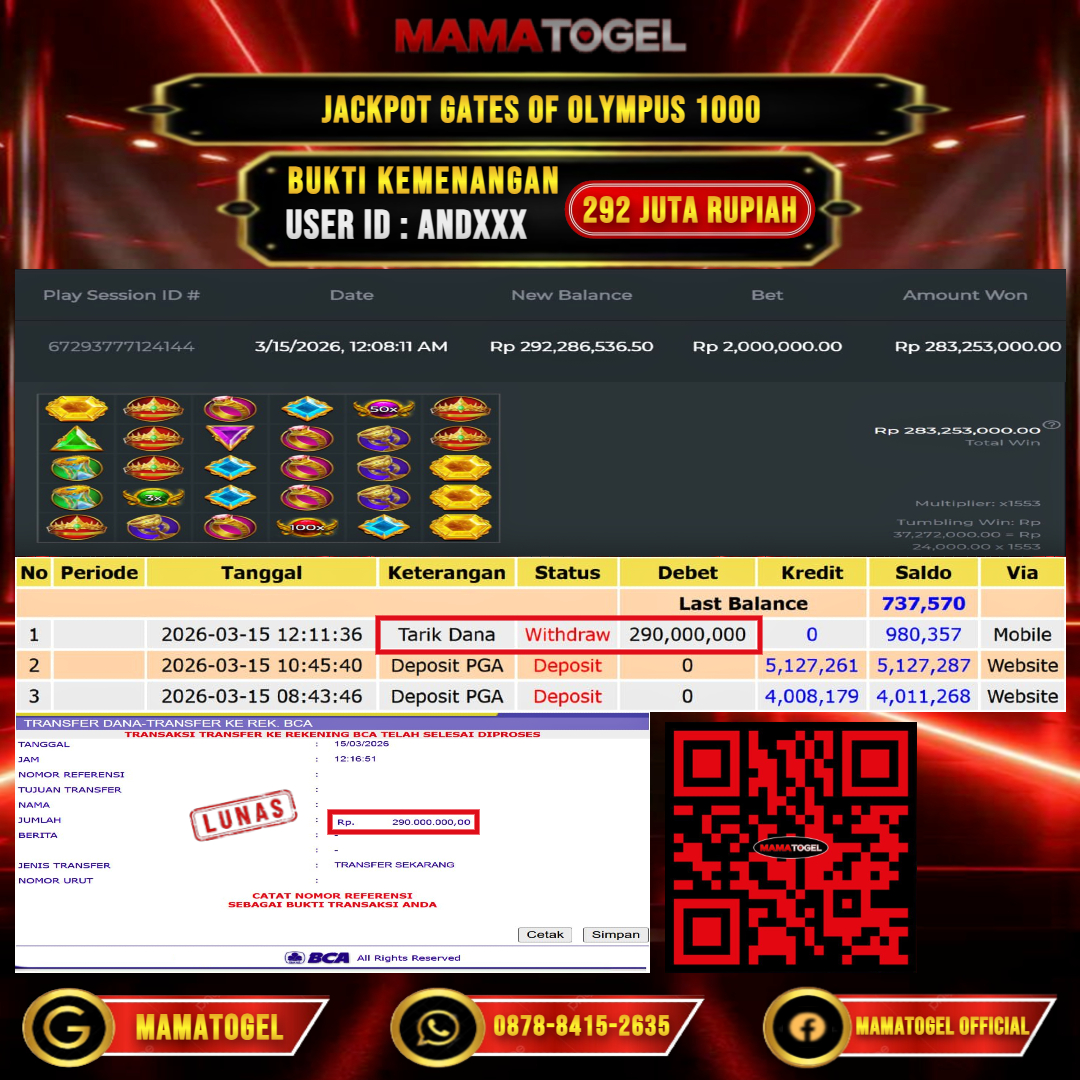 MAMATOGEL  JACKPOT SLOT GATES OF OLYMPUS 1000 Rp.292.000.000,- LUNAS USER ID   : AND***