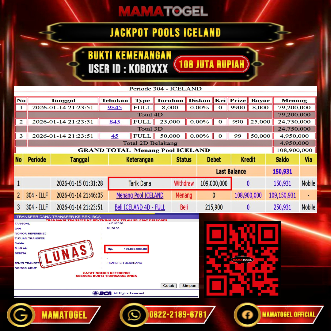 MAMATOGEL  JACKPOT TOGEL ICELAND Rp.108.000.000,- LUNAS USER ID  : KOBO**
