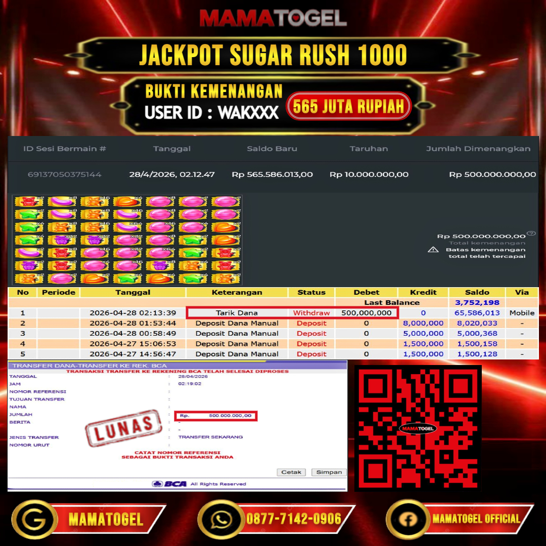 MAMATOGEL JACKPOT SLOT SUGAR RUSH 1000 Rp.565.000.000,- LUNAS USER ID : WAK***