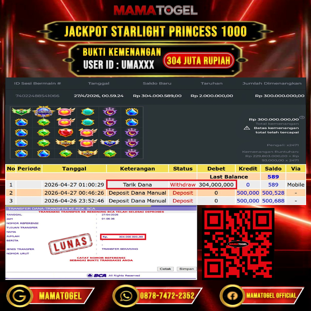 MAMATOGEL JACKPOT SLOT STARLIGHT PRINCESS 1000 Rp.304.000.000,- LUNAS USER ID : UMA***