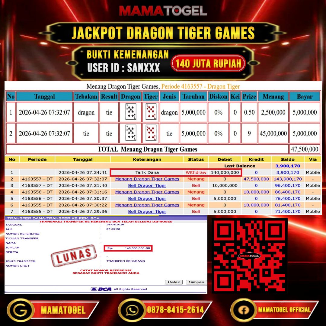 MAMATOGEL JACKPOT LIVE GAME DRAGON TIGER GAMES Rp.140.000.000,- LUNAS USER ID : SAN***