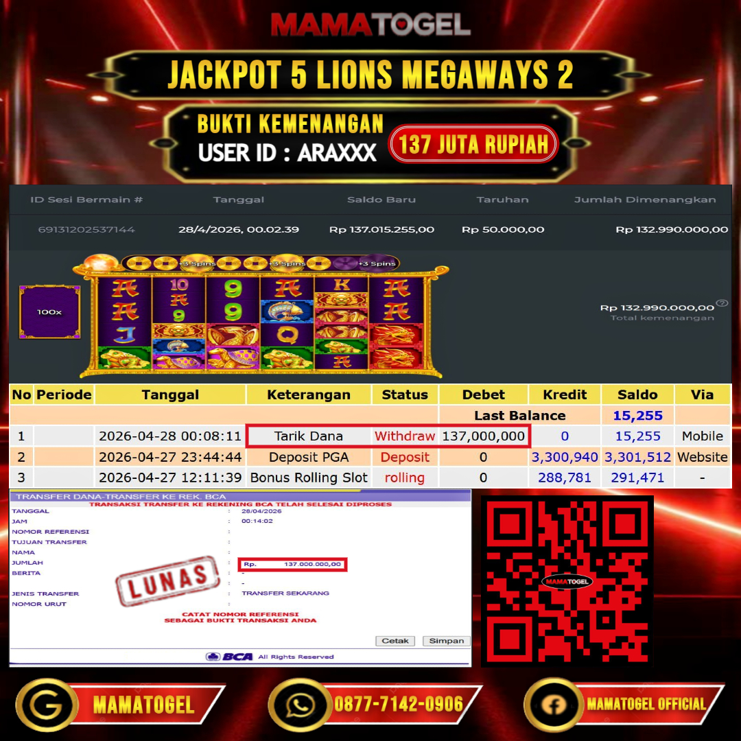 MAMATOGEL JACKPOT SLOT 5 LIONS MEGAWAYS 2 Rp.137.000.000,- LUNAS USER ID : ARA***