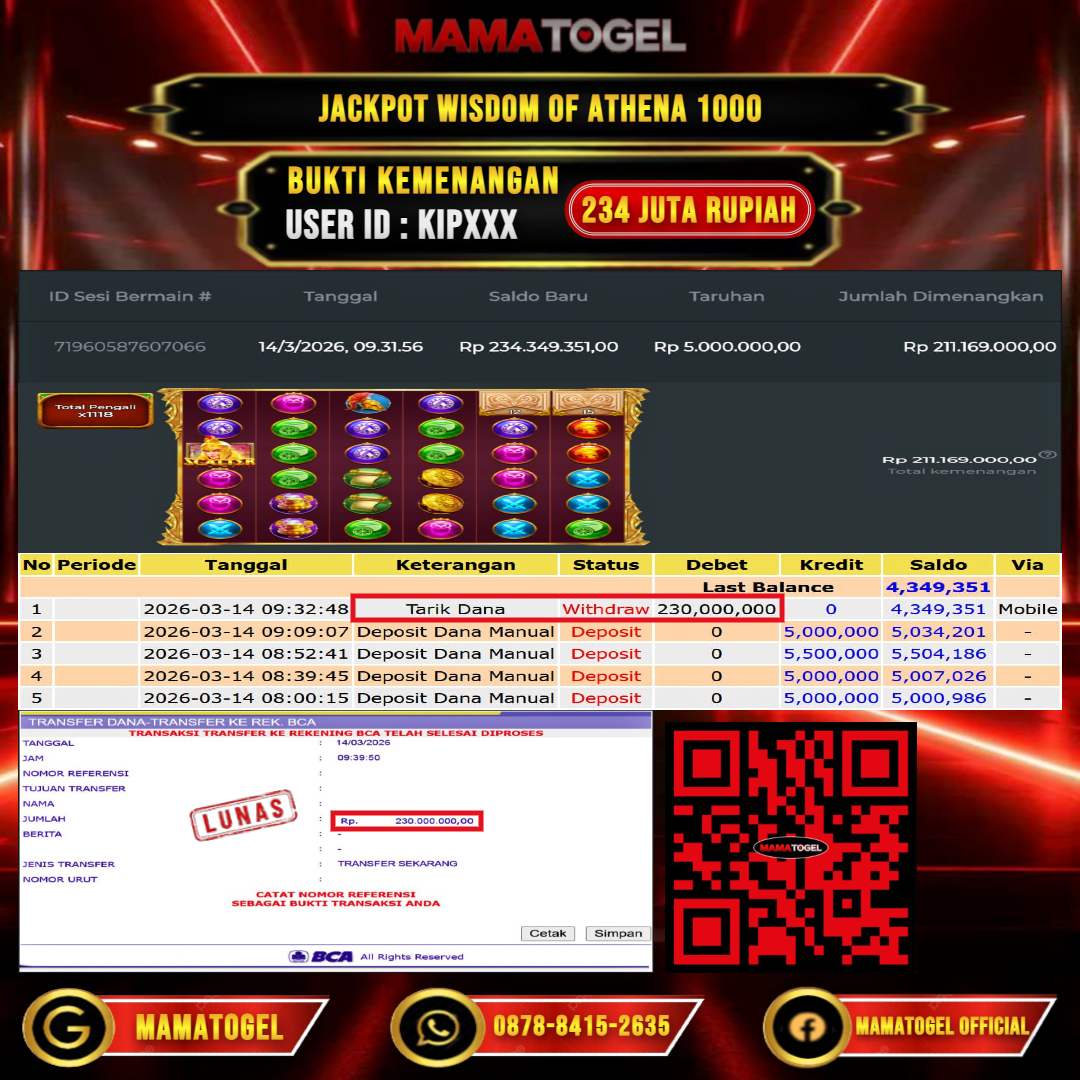 MAMATOGEL  JACKPOT SLOT WISDOM OF ATHENA 1000 Rp.234.000.000,- LUNAS USER ID   : KIP***