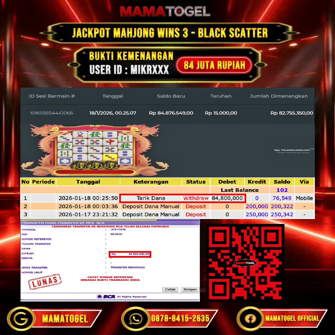 MAMATOGEL  JACKPOT SLOT MAHJONG WINS 3-BLACK SCATTER Rp.84.000.000,- LUNAS USER ID  : MIKR***