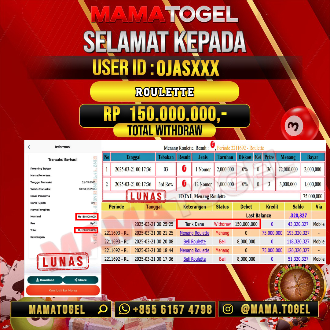 MAMATOGEL JACKPOT LIVE GAME ROULETTE Rp.150.000.000,- LUNAS USER ID :  OJAS***