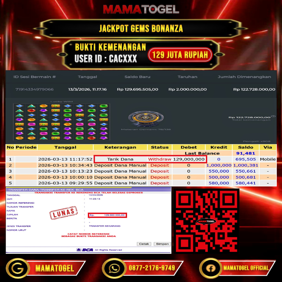 MAMATOGEL  JACKPOT SLOT GEMS BONANZA Rp.129.000.000,- LUNAS USER ID   : CAC***