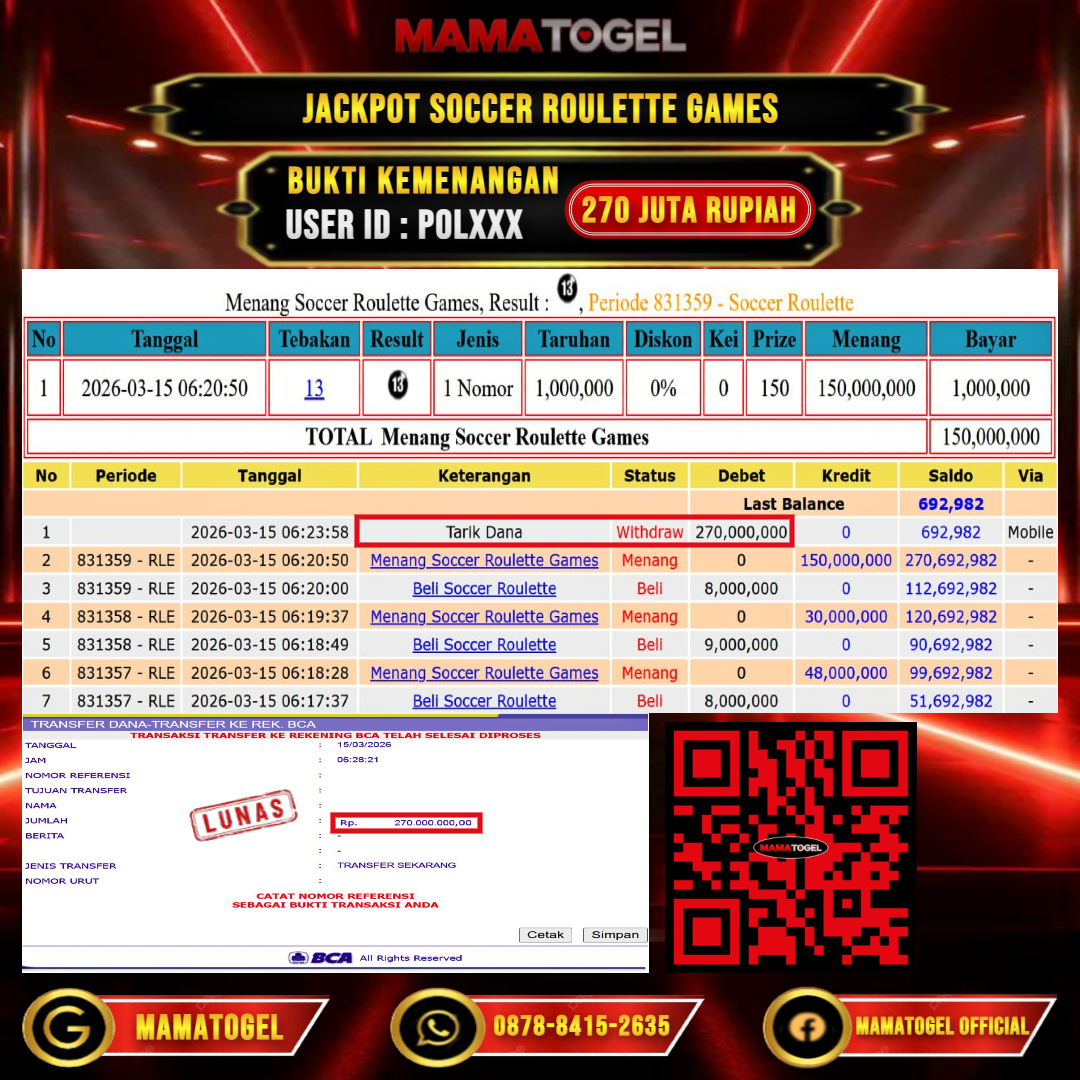 MAMATOGEL  JACKPOT LIVE GAME SOCCER ROULETTE GAMES Rp.270.000.000,- LUNAS USER ID   : POL***