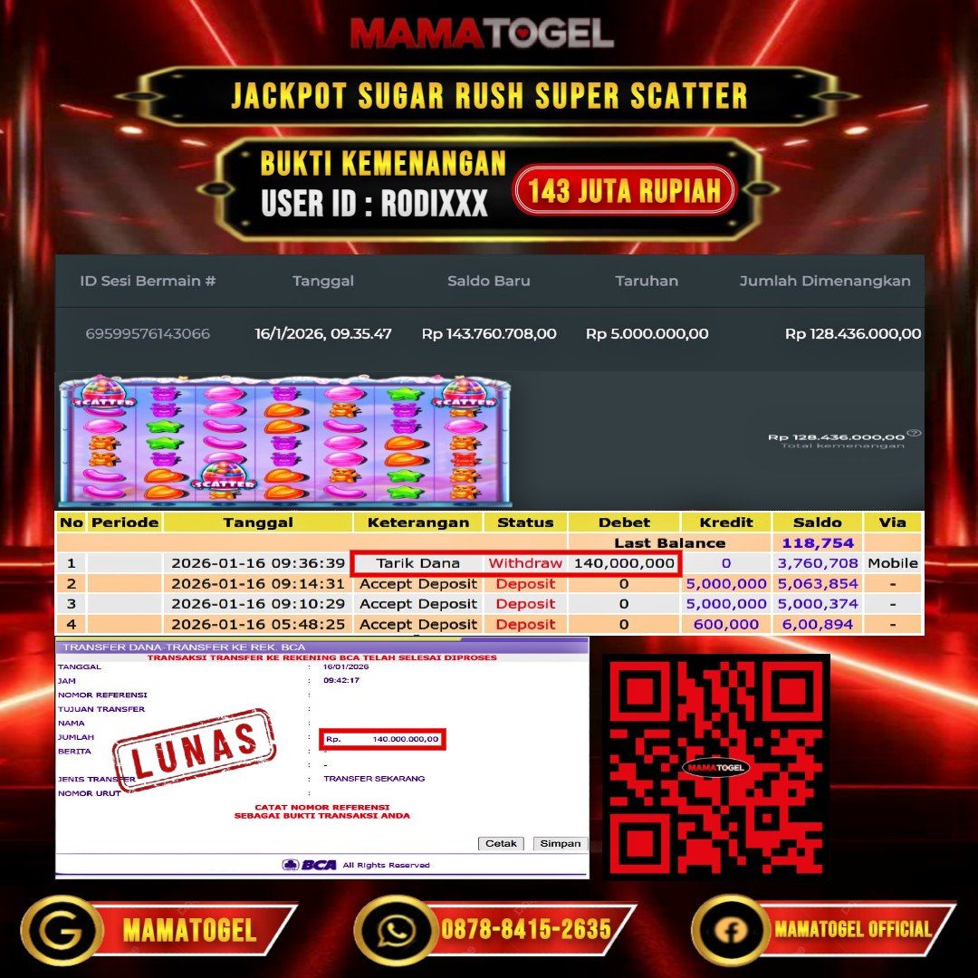 MAMATOGEL  JACKPOT SLOT SUGAR RUSH SUPER SCATTER Rp.143.000.000,- LUNAS USER ID  : RODI**