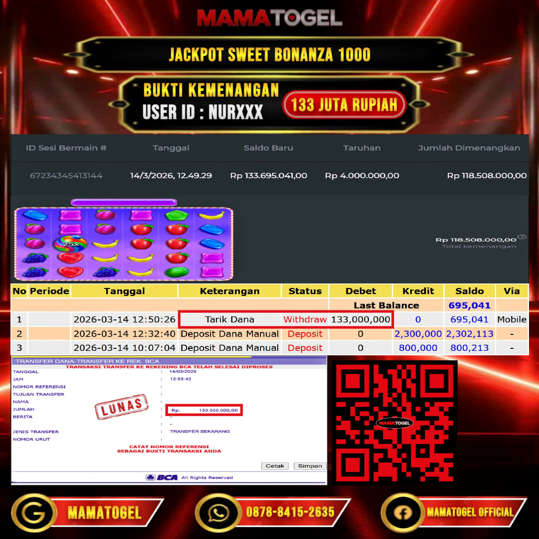 MAMATOGEL  JACKPOT SLOT SWEET BONANZA 1000 Rp.133.000.000,- LUNAS USER ID   : NUR***