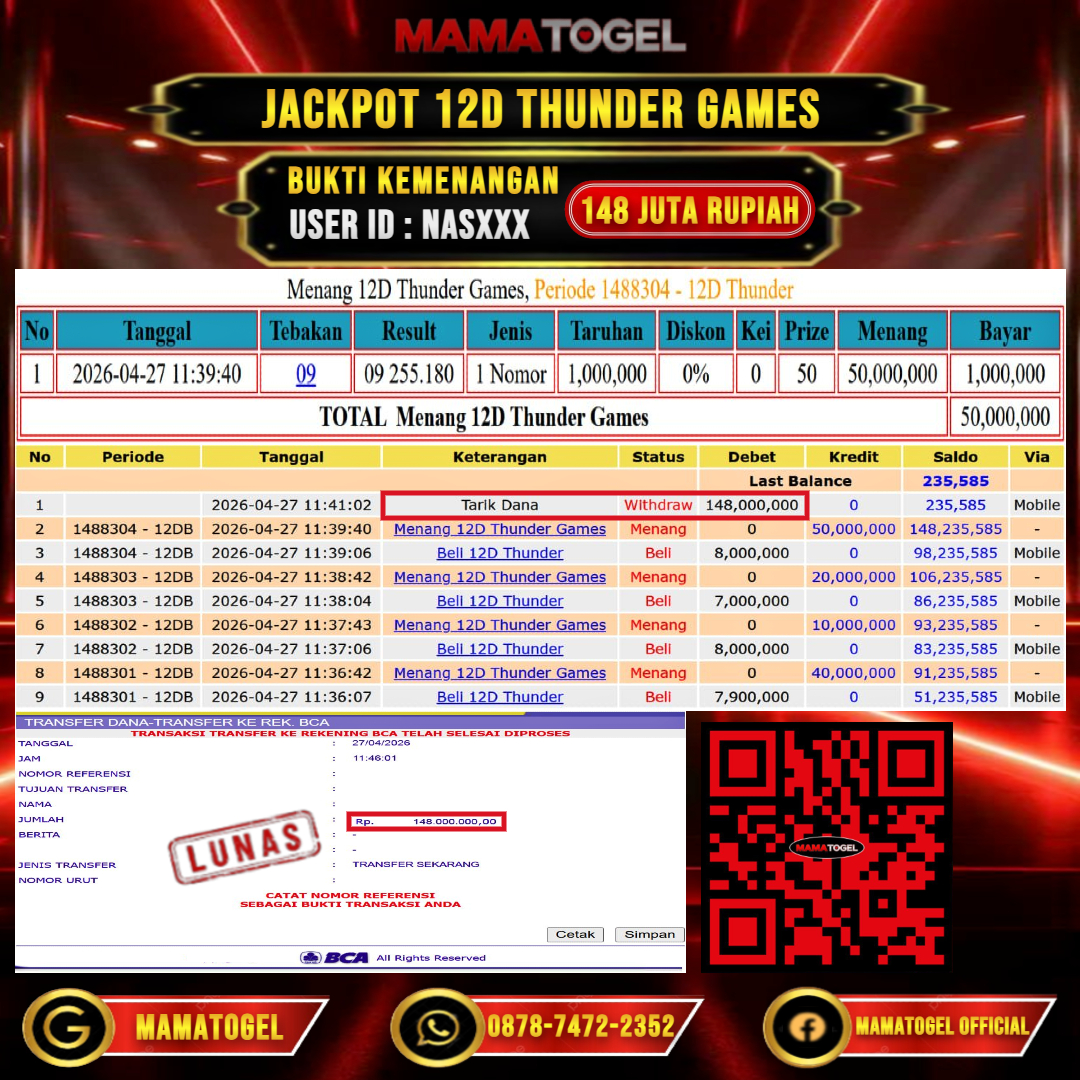 MAMATOGEL JACKPOT LIVE GAME 12D THUNDER GAMES Rp.148.000.000,- LUNAS USER ID : NAS***