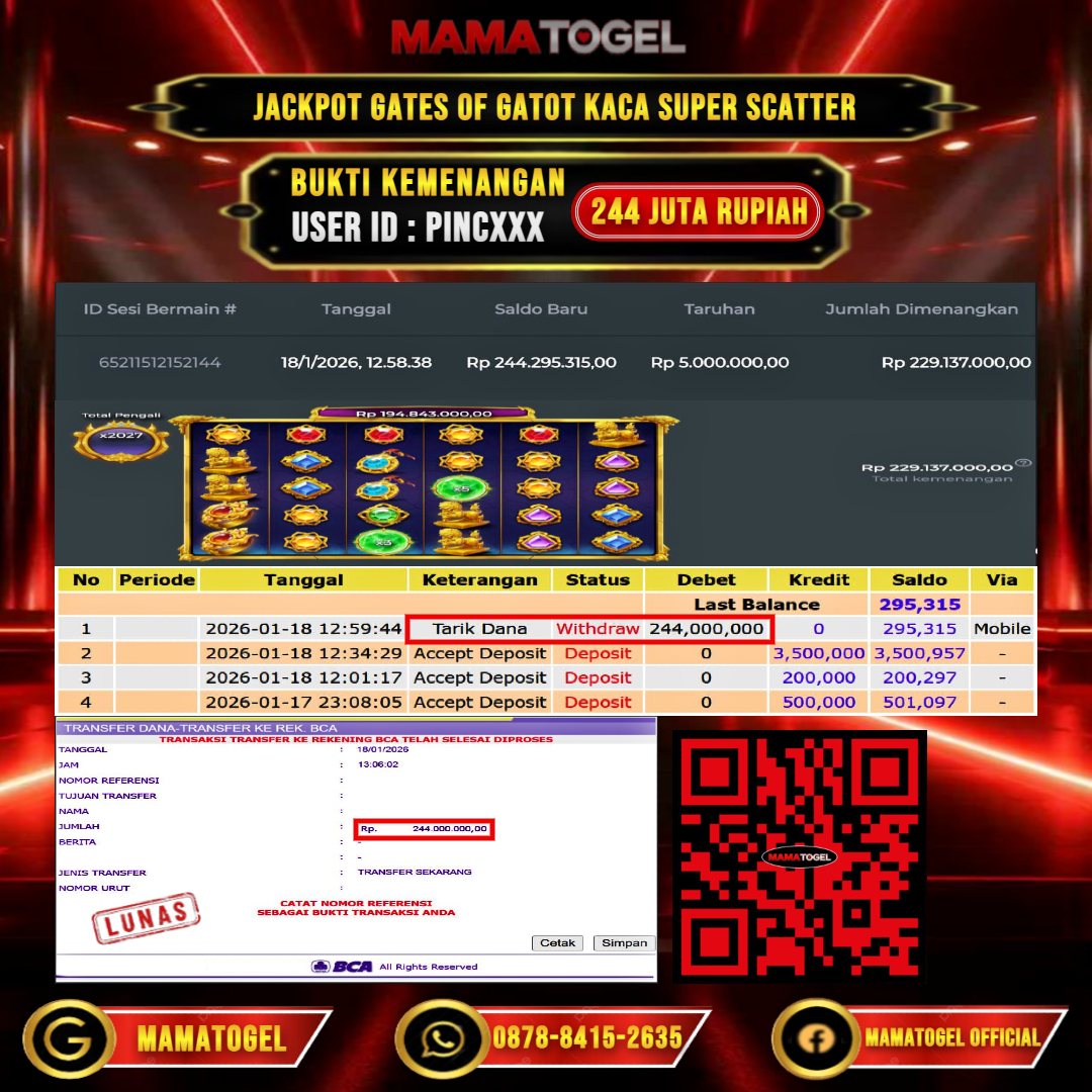 MAMATOGEL  JACKPOT SLOT GATES OF GATOT KACA SUPER SCATTER Rp.244.000.000,- LUNAS USER ID  : PINC**