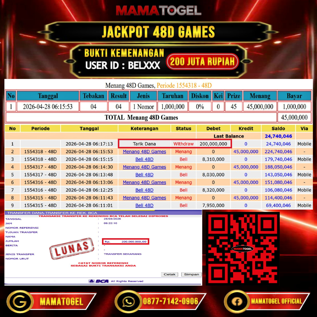 MAMATOGEL JACKPOT LIVE GAME 48D GAMES Rp.200.000.000,- LUNAS USER ID : BEL***