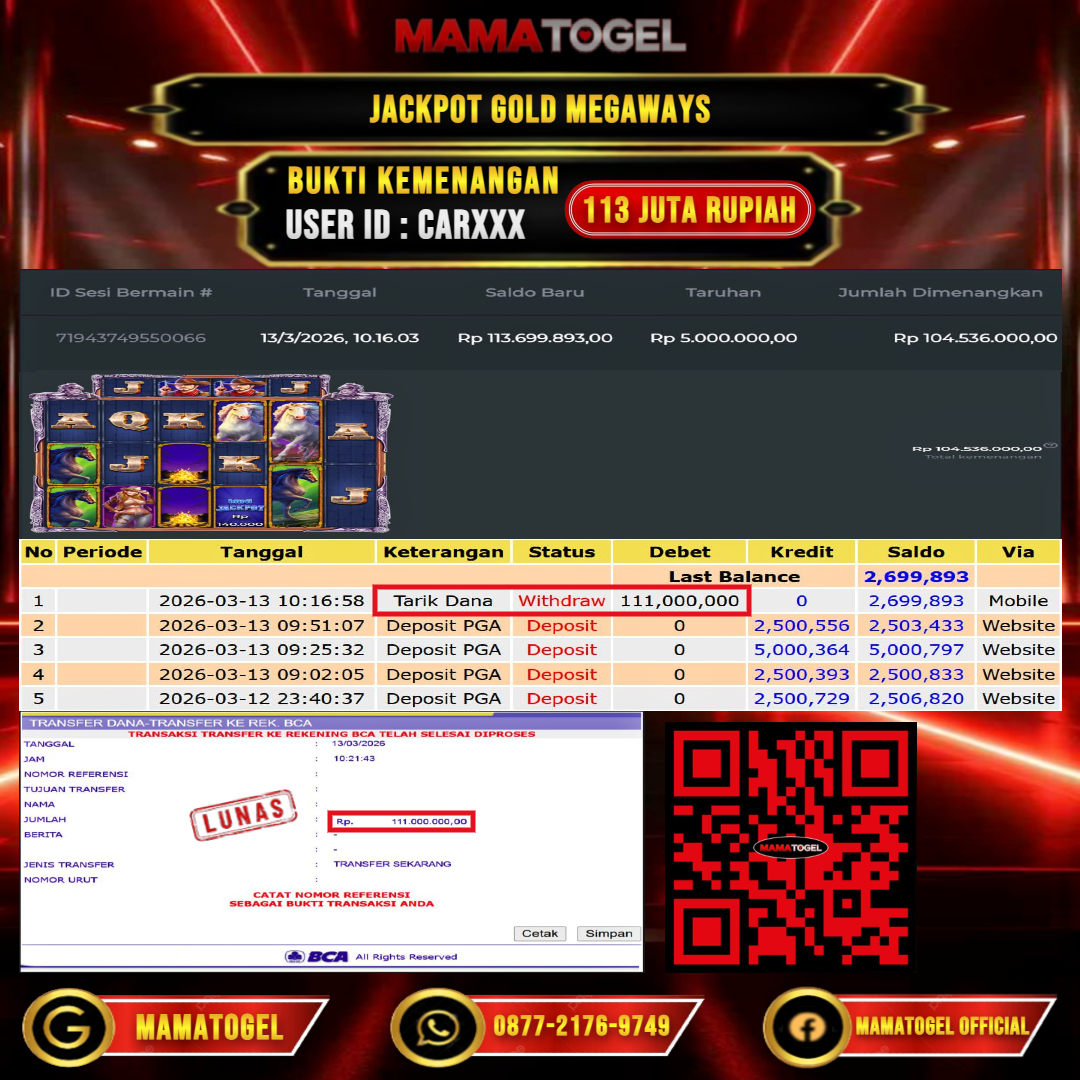 MAMATOGEL  JACKPOT SLOT GOLD MEGAWAYS Rp.113.000.000,- LUNAS USER ID   : CAR***